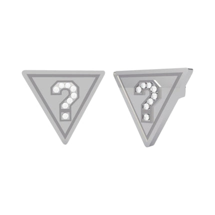 Tempo A Tempo Guess silver-tone steel triangle earrings featuring a crystal-embellished question mark logo