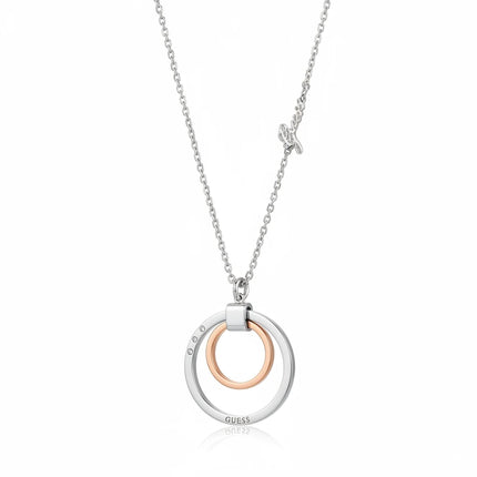 Tempo A Tempo Guess stainless steel necklace with two-tone interlocking circle pendant in silver and rose gold