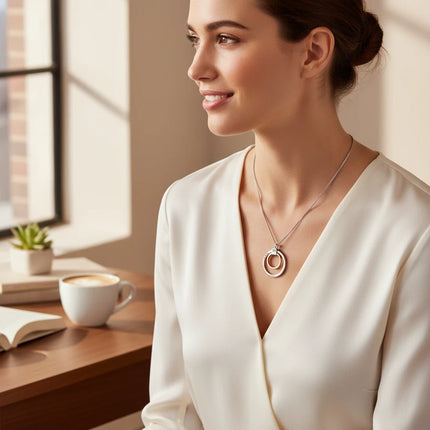 Tempo A Tempo Guess stainless steel necklace with two-tone interlocking circle pendant worn by a smiling woman