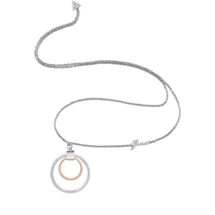 Tempo A Tempo Guess necklace featuring a two-tone silver and gold interlocking circle pendant in stainless steel.
