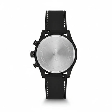 Tempo A Tempo Guess W0971G1 watch back view showing stainless steel case and black silicone strap