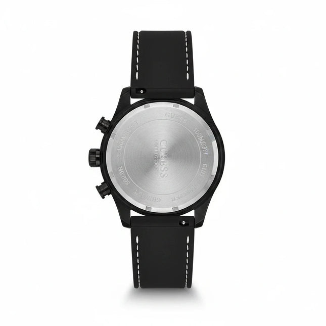 Tempo A Tempo Guess W0971G1 watch back view showing stainless steel case and black silicone strap