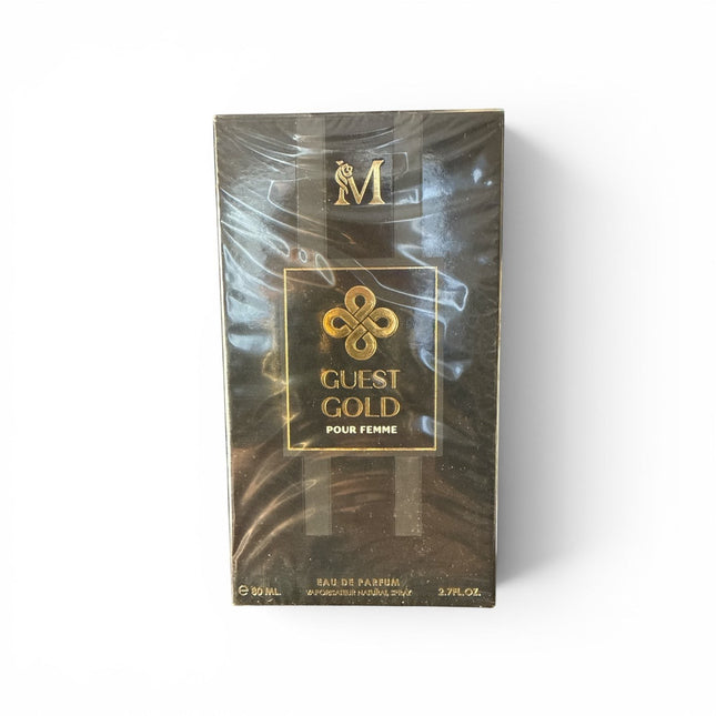 Tempo A Tempo Guest Gold Pour Femme Eau de Parfum, 80ml spray, floral oriental fragrance with gold and black packaging.