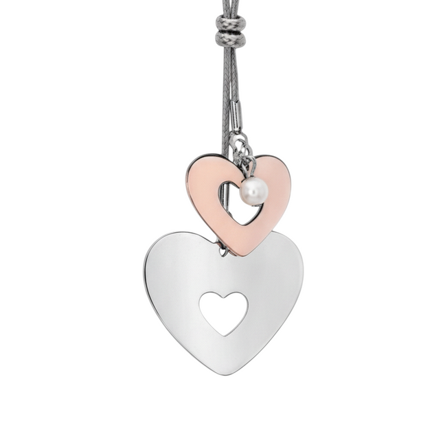 Tempo A Tempo women's necklace with adjustable cord, featuring a silver heart pendant with a cutout heart and a rose gold heart with a pearl.