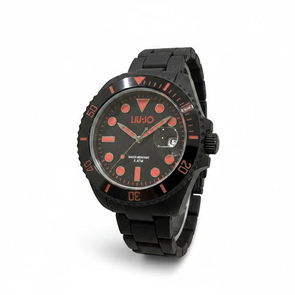 Orologio uomo Tempo A Tempo Liu Jo TLJ2299 nero con quadrante rosso, cassa e bracciale in acciaio IP nero, lunetta girevole, resistenza 5 ATM.
