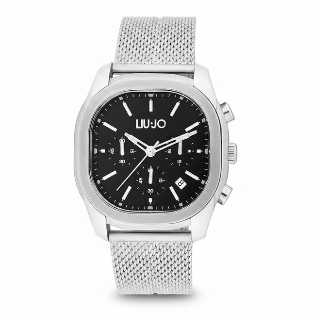 Orologio da uomo Liu Jo TLJ1644 con cronografo, quadrante nero, cassa e bracciale in acciaio mesh.