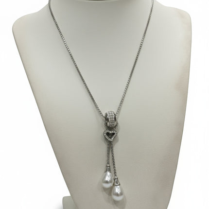 Tempo A Tempo 80cm stainless steel long necklace with heart pendant, sparkling zirconia, and two white pearl drops.