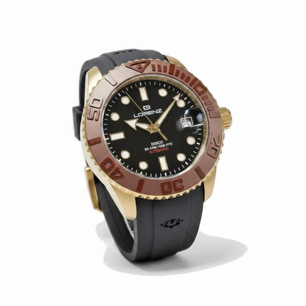 Orologio diver automatico Tempo A Tempo Lorenz DI-300 con cassa oro, ghiera marrone e cinturino in gomma nera