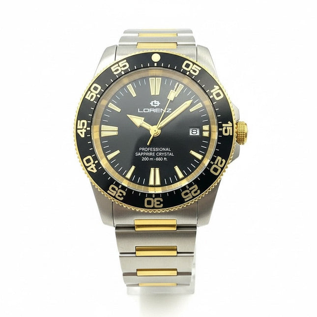 Orologio uomo Tempo A Tempo Lorenz Shark 4 automatico in acciaio bicolore con quadrante nero e vetro zaffiro
