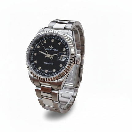 Orologio Lucien Rochat Reins Lady 31mm con quadrante nero, 12 diamanti, datario e bracciale in acciaio.