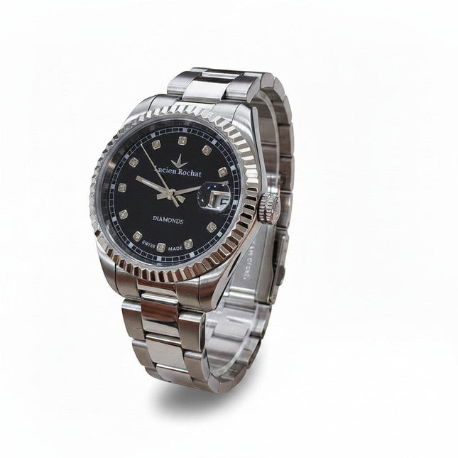 Orologio Lucien Rochat Reins Lady 31mm con quadrante nero, 12 diamanti, datario e bracciale in acciaio.