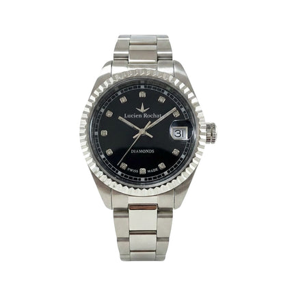 Orologio Lucien Rochat Reins Lady 31mm con quadrante nero, 12 diamanti, datario e bracciale in acciaio.