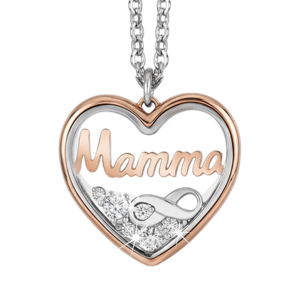 Tempo A Tempo silver necklace with heart pendant saying "Mamma" and infinity symbol, adorned with cubic zirconia.