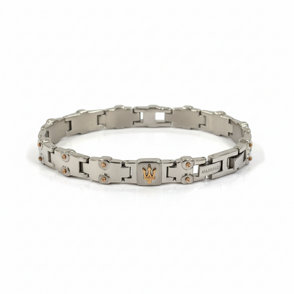 Tempo A Tempo men's stainless steel bracelet with rose gold PVD accents and Maserati logo.