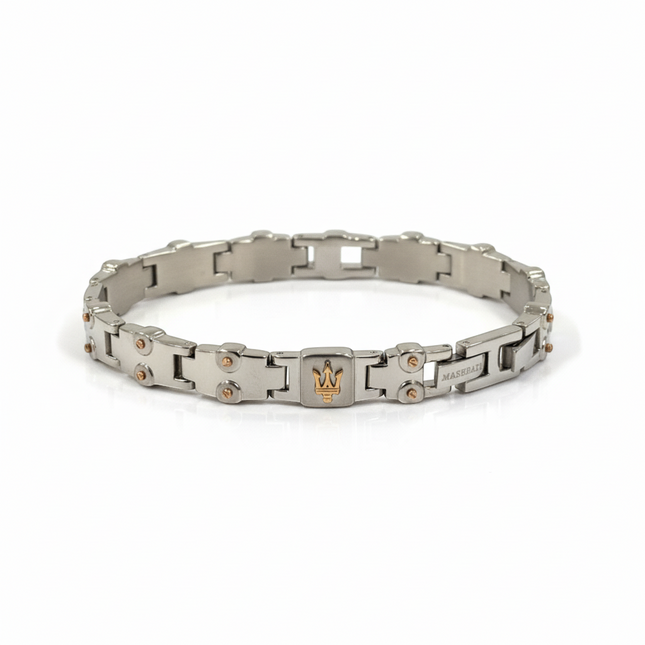 Tempo A Tempo men's stainless steel bracelet with rose gold PVD accents and Maserati logo.