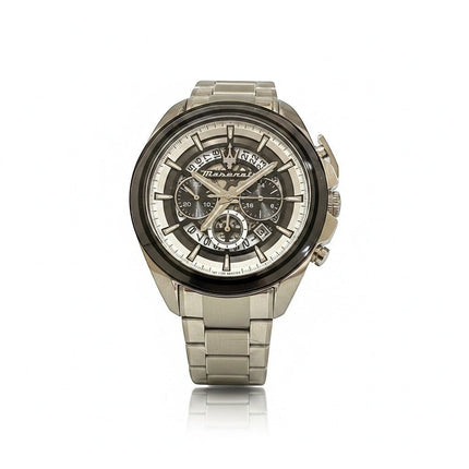 Tempo A Tempo Orologio Uomo Maserati Sfida cronografo in acciaio con quadrante scheletrato e lunetta nera.