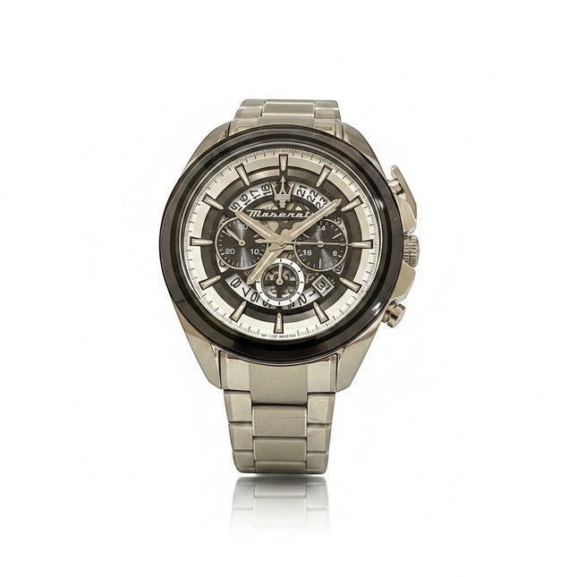 Tempo A Tempo Orologio Uomo Maserati Sfida cronografo in acciaio con quadrante scheletrato e lunetta nera.