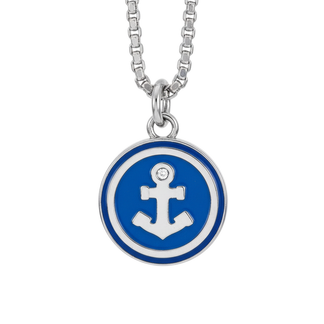 Tempo A Tempo men's silver chain necklace with blue enamel anchor pendant and crystal detail.