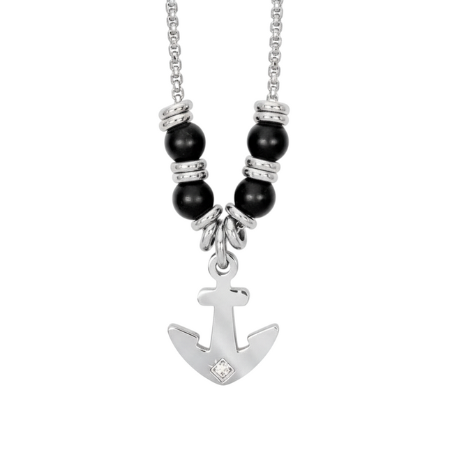 Tempo A Tempo men's silver chain necklace with black beads and an anchor pendant with a clear stone.