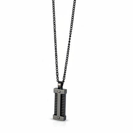 Tempo A Tempo men's black IP steel chain necklace with a modern dark pendant featuring ribbed detailing.