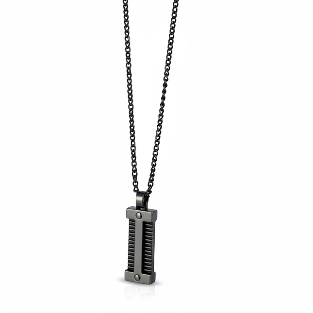 Tempo A Tempo men's black IP steel chain necklace with a modern dark pendant featuring ribbed detailing.