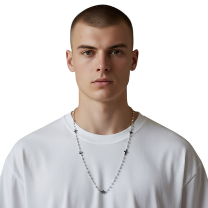 Tempo A Tempo men's silver and gold-tone stainless steel rosary necklace with cross pendant, 30cm.