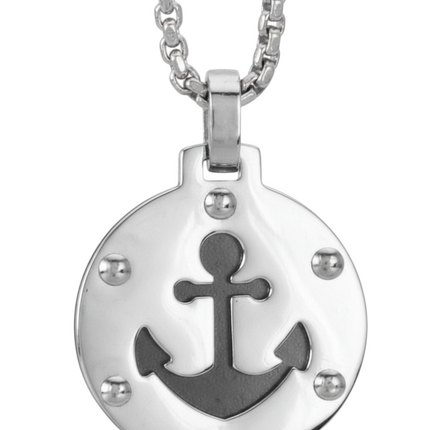 Tempo A Tempo men's silver-tone stainless steel anchor pendant necklace. Round pendant with anchor design.