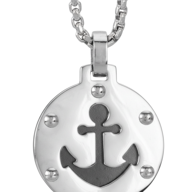 Tempo A Tempo men's silver-tone stainless steel anchor pendant necklace. Round pendant with anchor design.