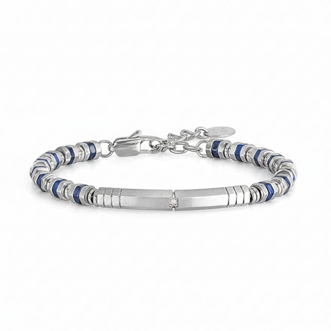 Tempo A Tempo men's stainless steel bracelet with blue accents and a central satin-finished plate with a small diamond.