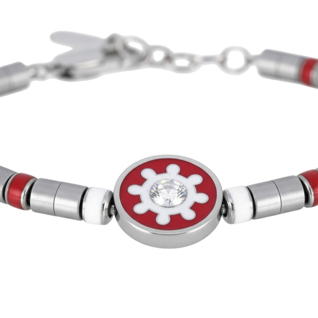 Tempo A Tempo men's steel bracelet with red and white enamel beads and a central red charm with a white snowflake design.