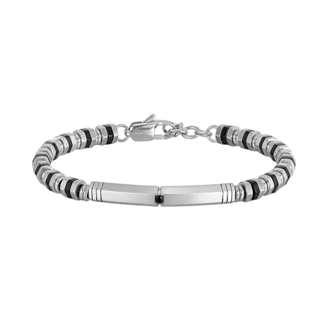 Tempo A Tempo men's stainless steel bracelet with silver and black geometric elements and a lobster clasp closure.