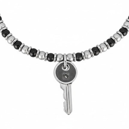 Tempo A Tempo men's steel bracelet with hematite beads and a key charm. Silver and black design with adjustable clasp.