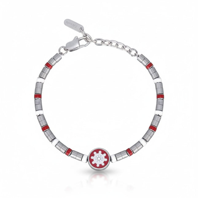 Tempo A Tempo men's stainless steel bracelet with red enamel and white accents, featuring a central circular design.