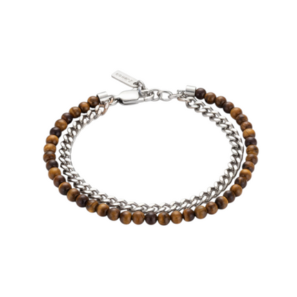 Tempo A Tempo men's double-strand bracelet with tiger's eye beads and stainless steel chain. Hypoallergenic 316L steel.