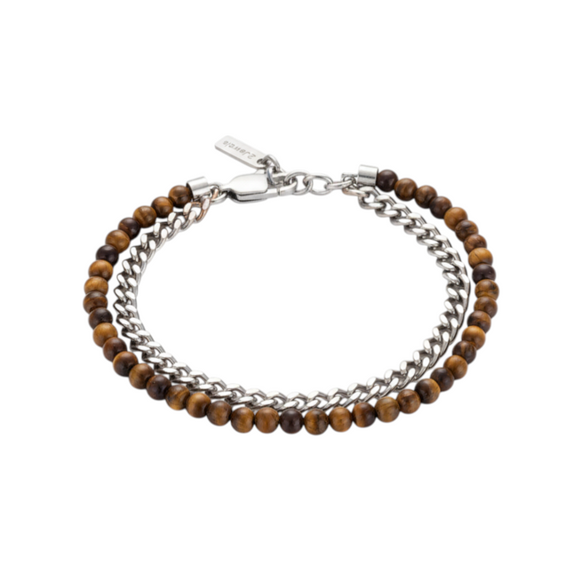 Tempo A Tempo men's double-strand bracelet with tiger's eye beads and stainless steel chain. Hypoallergenic 316L steel.