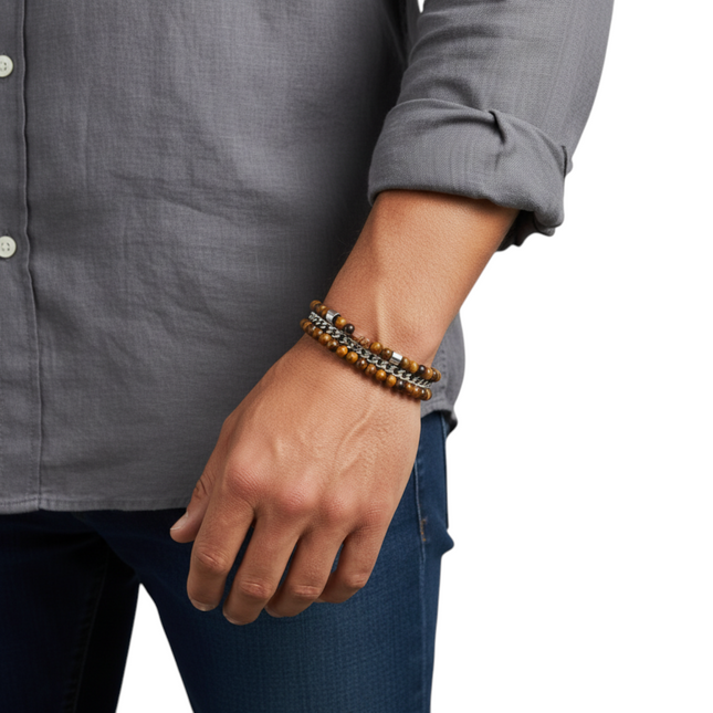 Tempo A Tempo men's double strand bracelet with tiger's eye beads and stainless steel chain. Features a lobster clasp.