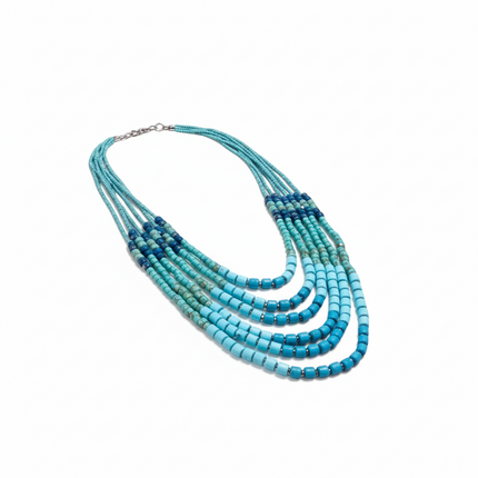 Tempo A Tempo multi-strand beaded necklace in shades of blue and turquoise, bohemian style.
