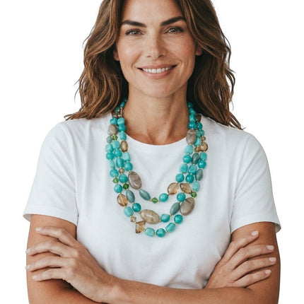 Tempo A Tempo women's multi-strand turquoise and green glass bead necklace with faceted crystals and gold accents.