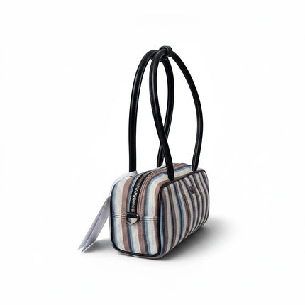 Tempo A Tempo mini bag in multicolor striped fabric with black leather handles and zip closure with RS logo.