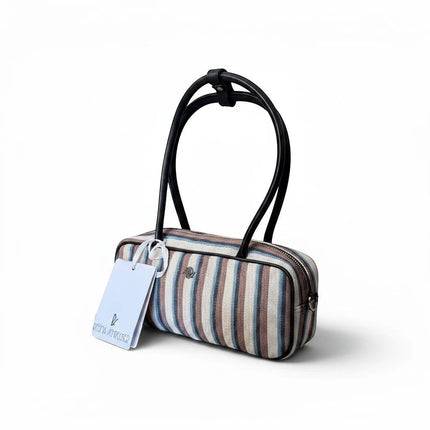 Tempo A Tempo mini bag in multicolor striped fabric with black leather handles and zip closure with RS logo.