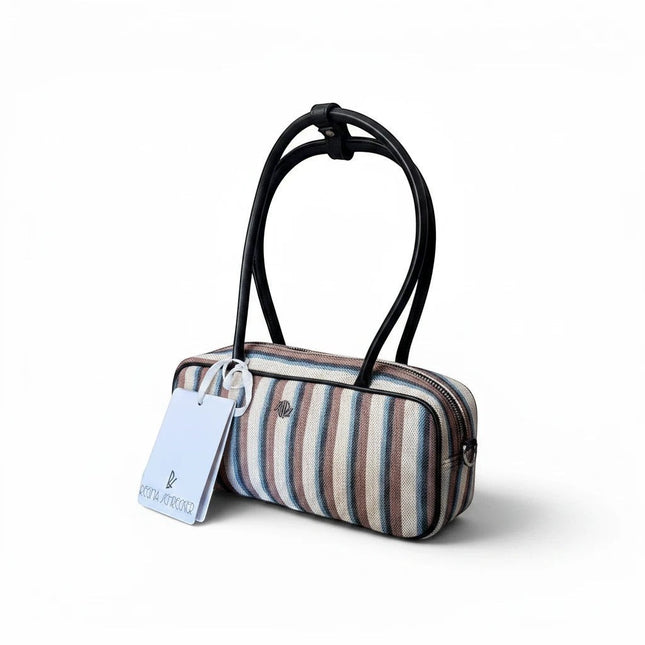 Tempo A Tempo mini bag in multicolor striped fabric with black leather handles and zip closure with RS logo.