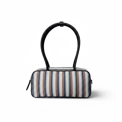 Tempo A Tempo mini bag in multicolor striped fabric with black leather handles and zip closure with RS logo.