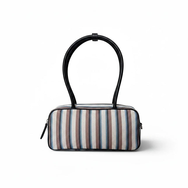 Tempo A Tempo mini bag in multicolor striped fabric with black leather handles and zip closure with RS logo.
