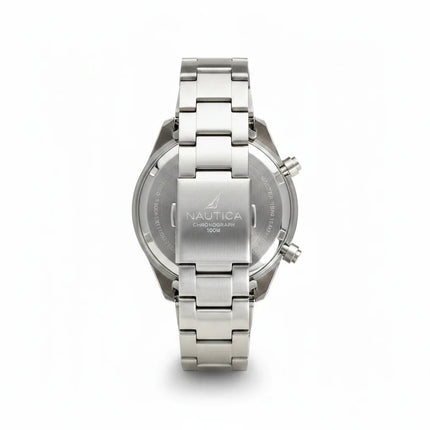 Retro della cassa e bracciale in acciaio dell'orologio cronografo Nautica NAPNSS217 venduto da Tempo A Tempo