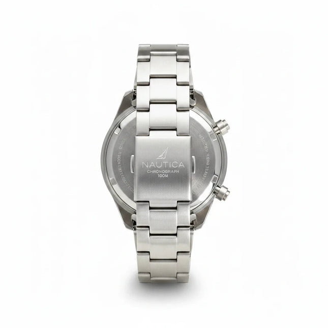 Retro della cassa e bracciale in acciaio dell'orologio cronografo Nautica NAPNSS217 venduto da Tempo A Tempo