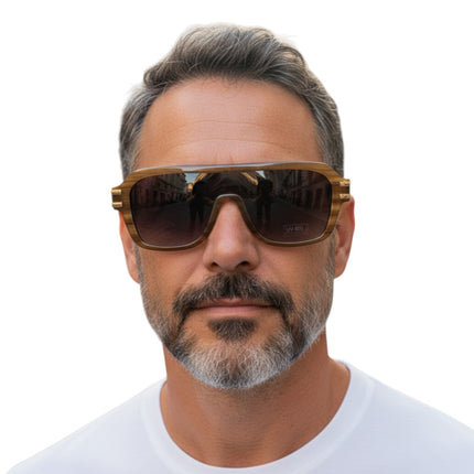Tempo A Tempo men's navigator sunglasses in striated olive green acetate with gradient UV400 lenses and gold hardware detail.