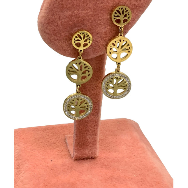 Orecchini pendenti Tempo A Tempo in acciaio dorato con simbolo Albero della Vita e strass luminosi su espositore