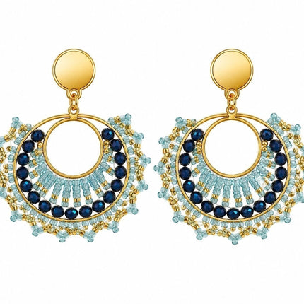 Tempo A Tempo Orecchini Donna Shelly cerchio con perline blu e cristalli azzurri, base dorata.