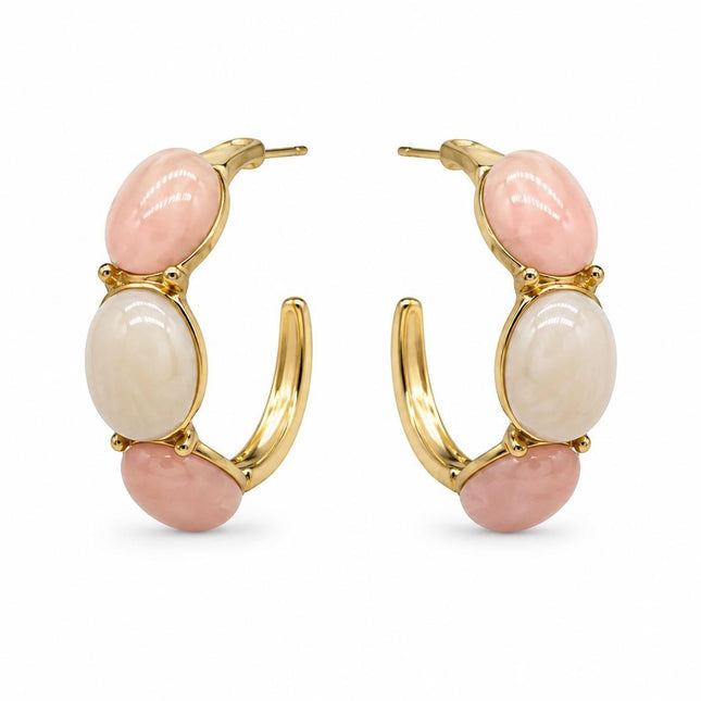 Orecchini a cerchio Tempo A Tempo in acciaio dorato con cabochon in resina rosa e bianco, design elegante e moderno.