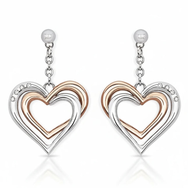 Orecchini pendenti Tempo A Tempo 2Jewels in acciaio con cuore bicolore e cristalli bianchi, lunghezza 5 cm